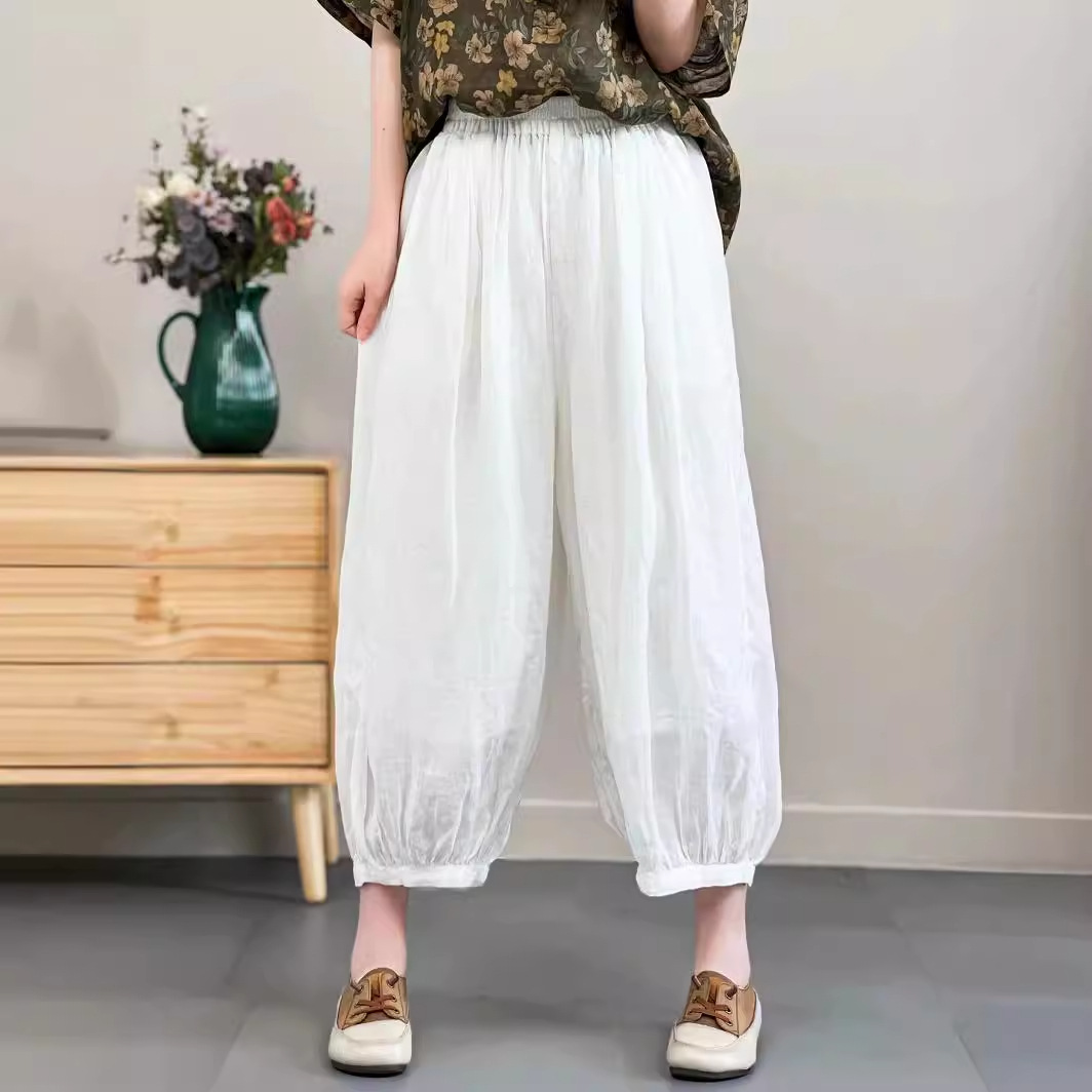 日系文艺纯色苎麻双层灯笼裤女夏季薄款宽松复古阔腿休闲哈伦裤子