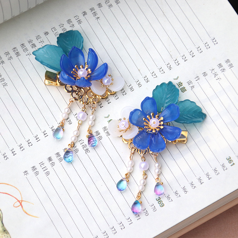 汉服头饰儿童发夹蓝色超仙公主可爱发夹边夹古装发饰古风汉服配饰