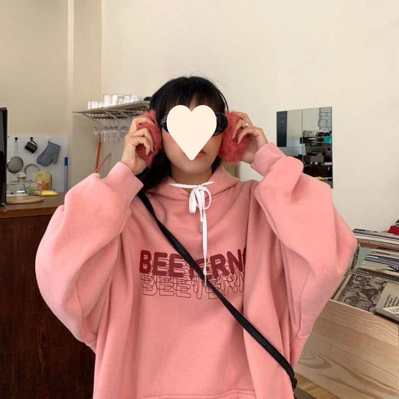 加绒加厚粉色卫衣女宽松韩版2024新款bf慵懒风学生连帽ins上衣潮