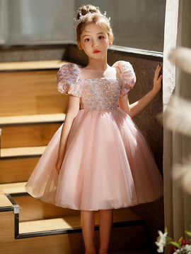 女童礼服高端儿童主持人钢琴演出服粉色女孩生日公主裙蓬蓬纱冬季