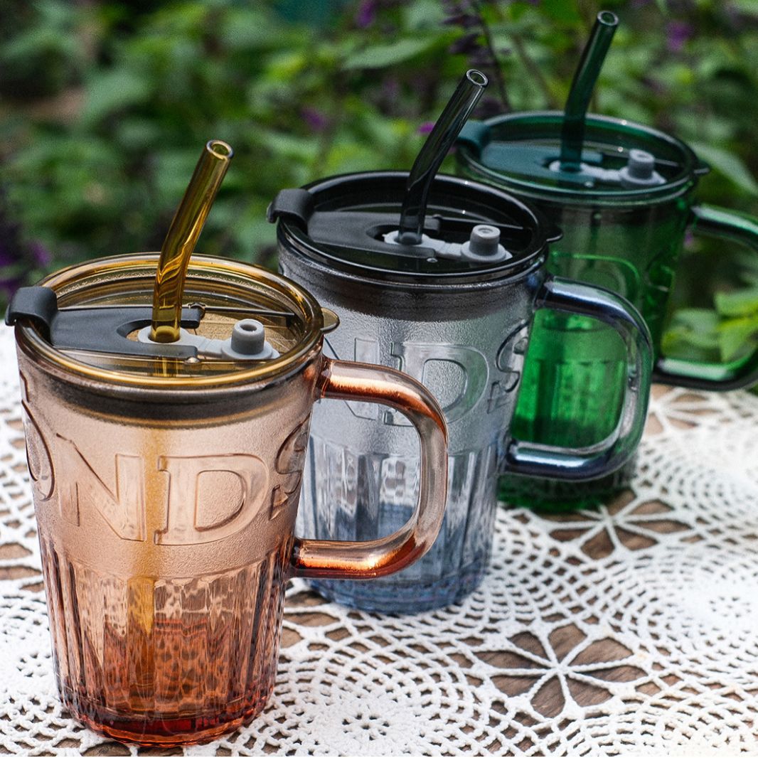 Ws Style Letter Straw Cup Coffee Cup Milk Tea Juice with Goods Internet Celebrity Wholesale Gift Handle Glass