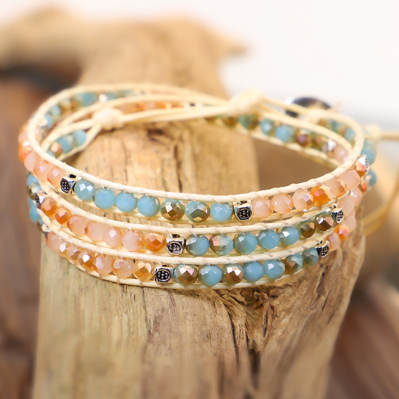 跨境新款多层缠绕手绳创意手工编织切面彩色电镀玻璃珠手链 现货