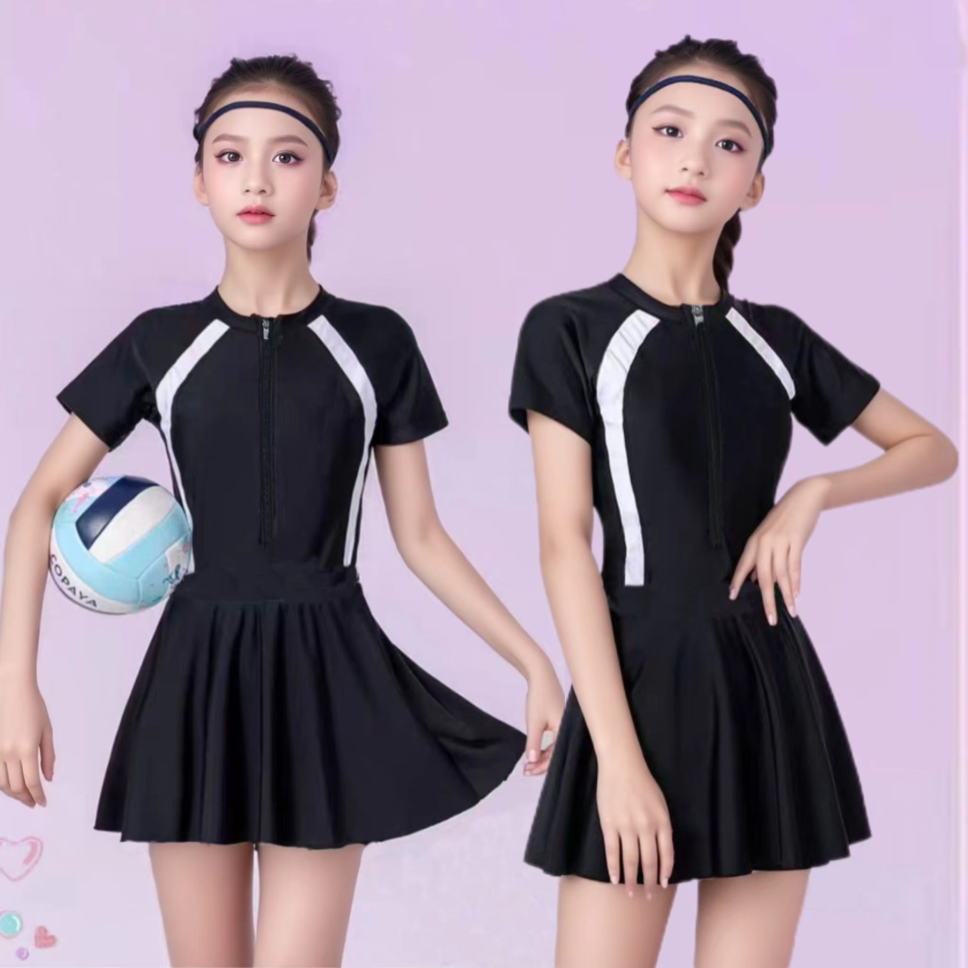 儿童泳衣女童中大童2024新款女孩连体带胸垫泳衣保守游泳训练泳装