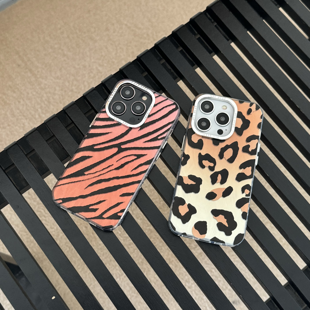 电镀银羽纱豹纹适用iphone15苹果14promax手机壳13斑马纹12外贸女