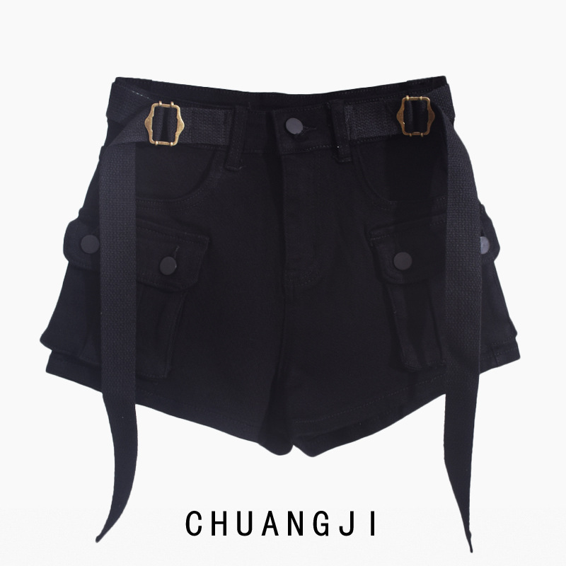 2023 New Large Workwear with Pocket Denim Shorts Women's Elastic Slim Fit Summer High Waist Hip Lifting Hot Pants Fashion