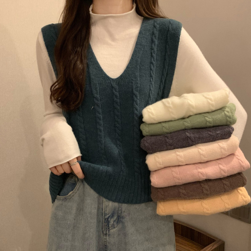 秋季v领短款针织毛衣马甲坎肩小背心麻花女叠穿米色咖色外搭外穿