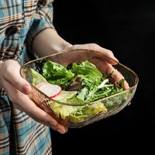 绿典ins日式锤目纹透明方碗香槟色碗 家用水果蔬菜沙拉碗甜品碗