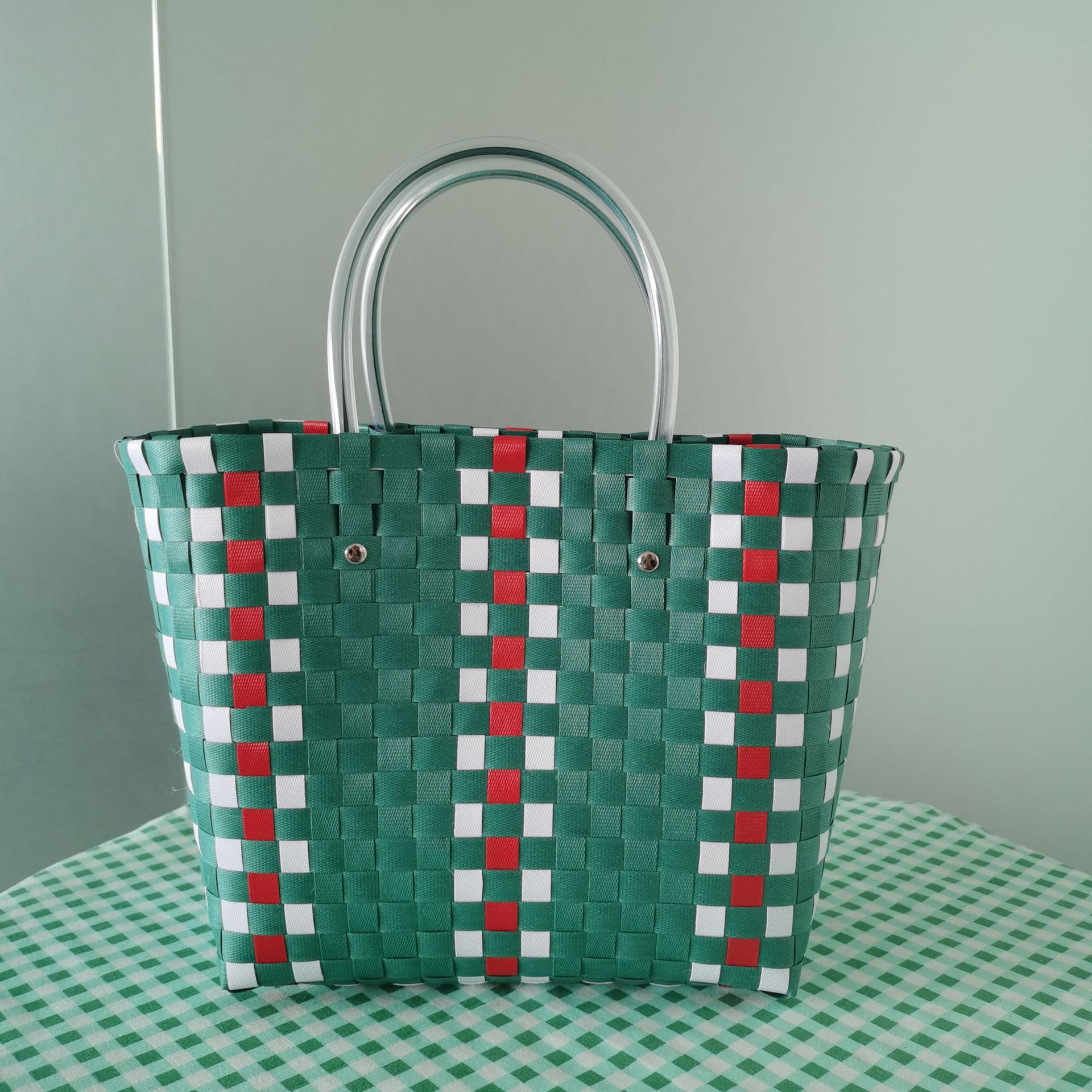 Wholesale Handmade Plastic Woven Bag Six-Color Hand Basket Striped Plaid Women's Shoulder Bag Color Hand Basket