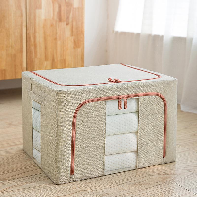 Cotton and Linen Steel Frame Box Double Window Bold Steel Frame Quilt Clothing Sorting Box for Collection Wardrobe Folding Storage Box Spot