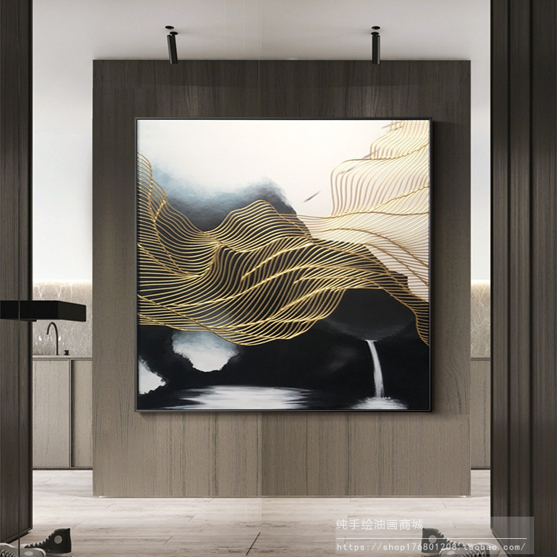 Jiusheng Hand-Painted Hallway Oil Painting Modern Minimalist Living Room Decorative Painting Large Large Black and White Lines New Chinese Style Hanging Painting