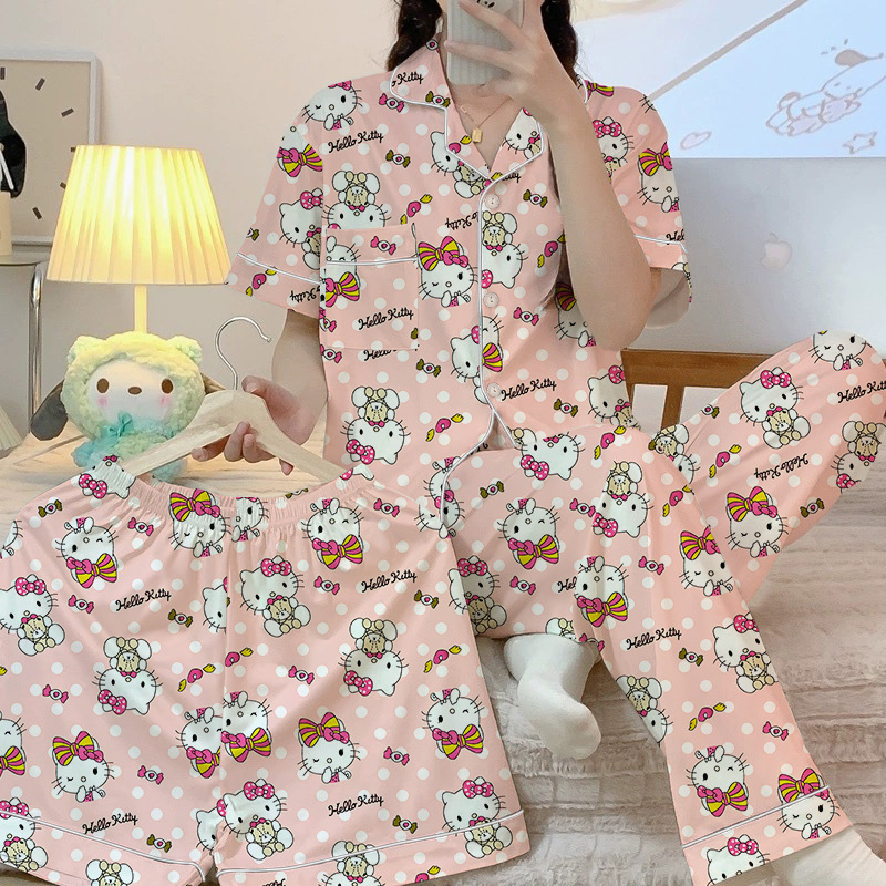 日系ins可爱hellokitty印花睡衣女夏季新款凯蒂猫短袖短裤家居服-阿里