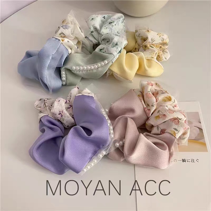 Fresh Mori Lady Floral Large Intestine Hair Ring Stitching Pearl Japanese and Korean Super Fairy Yarn Edge Large Intestine Ring Head Rope Headdress