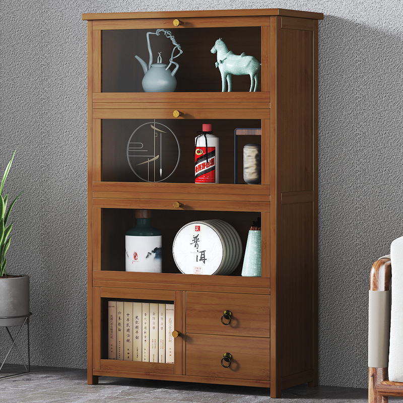 玻璃门防尘茶柜架客厅茶室茶饼茶具收纳展示架茶叶柜置物架竹实木