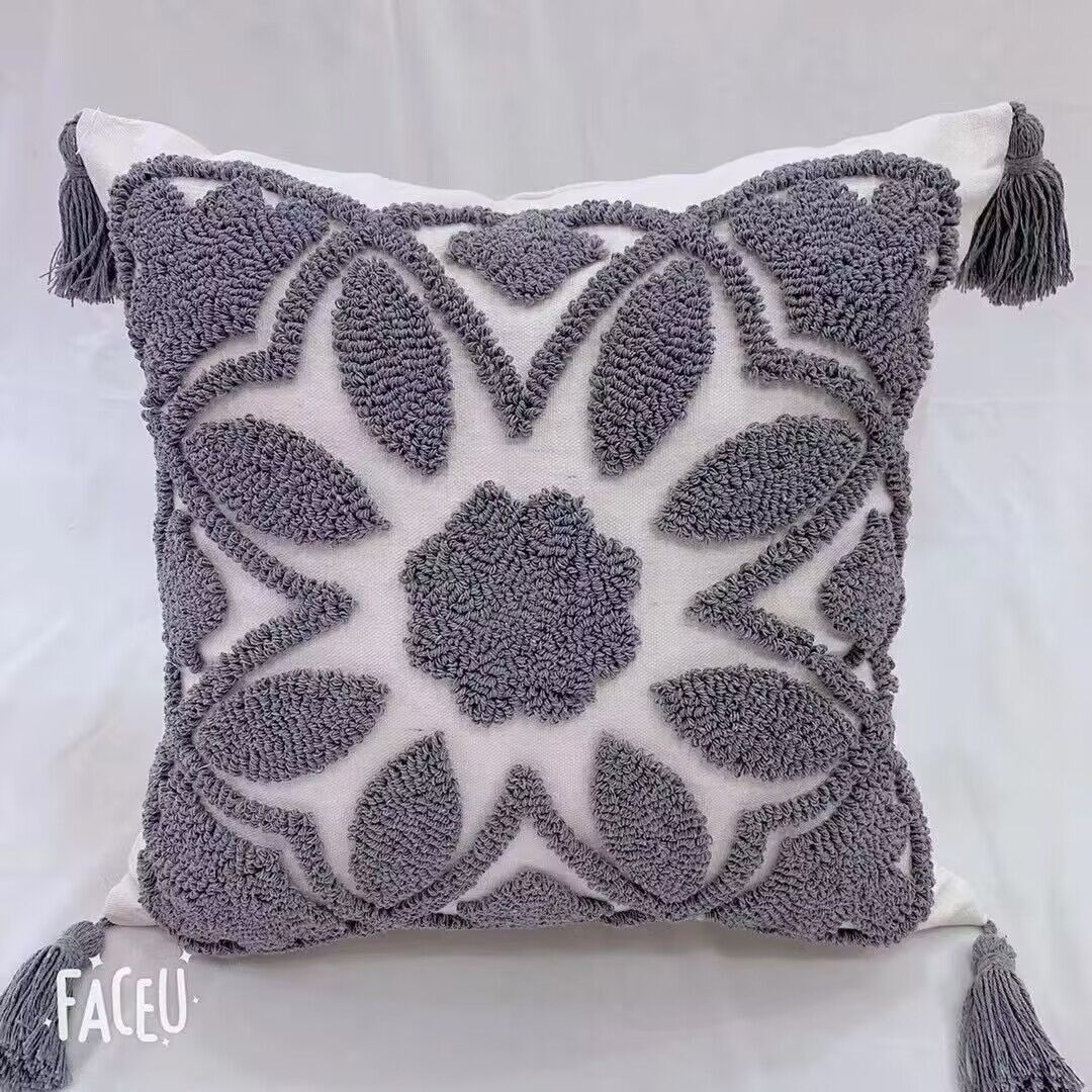 Pure Cotton Tufted Embroidery Geometric Home Sofa Pillow Cases Cotton Braided Loop Velvet Bed Pillow Decorative Tassels