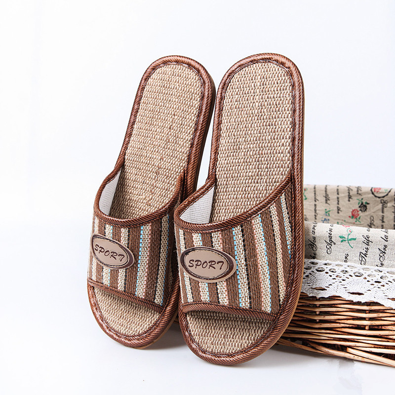 夏季竹编藤草情侣凉席拖鞋室内防滑底亚麻男家用女无声吹气底