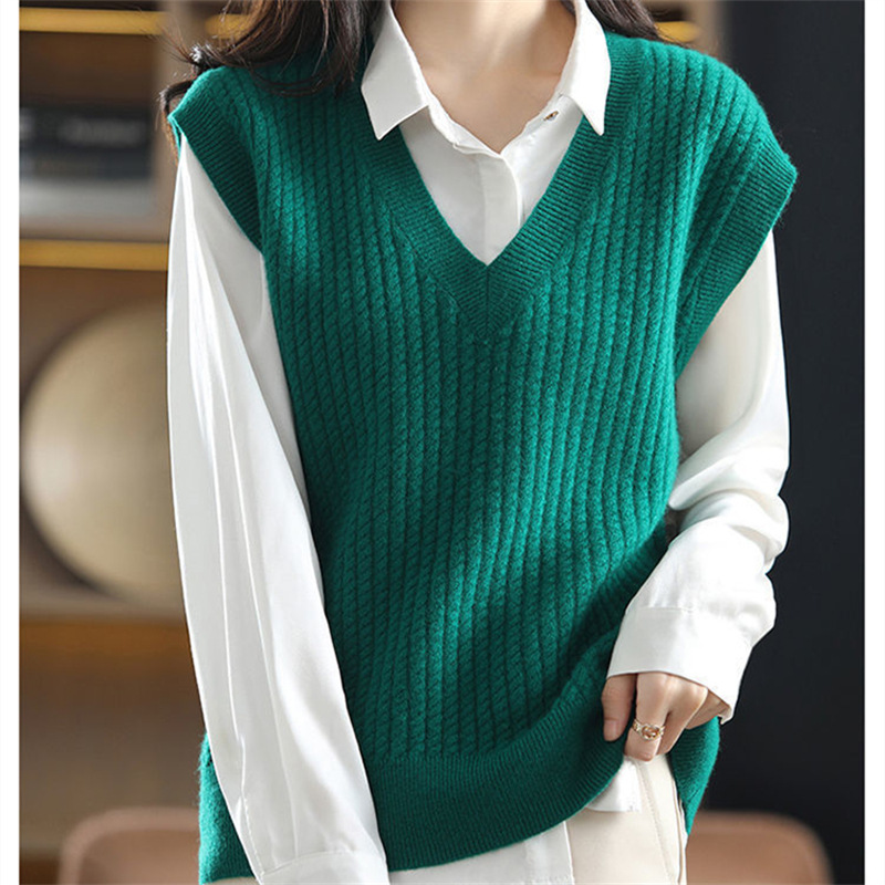 简约纯色毛衣鸡心领叠穿背心时尚春季经典款宽松休闲针织马甲女装