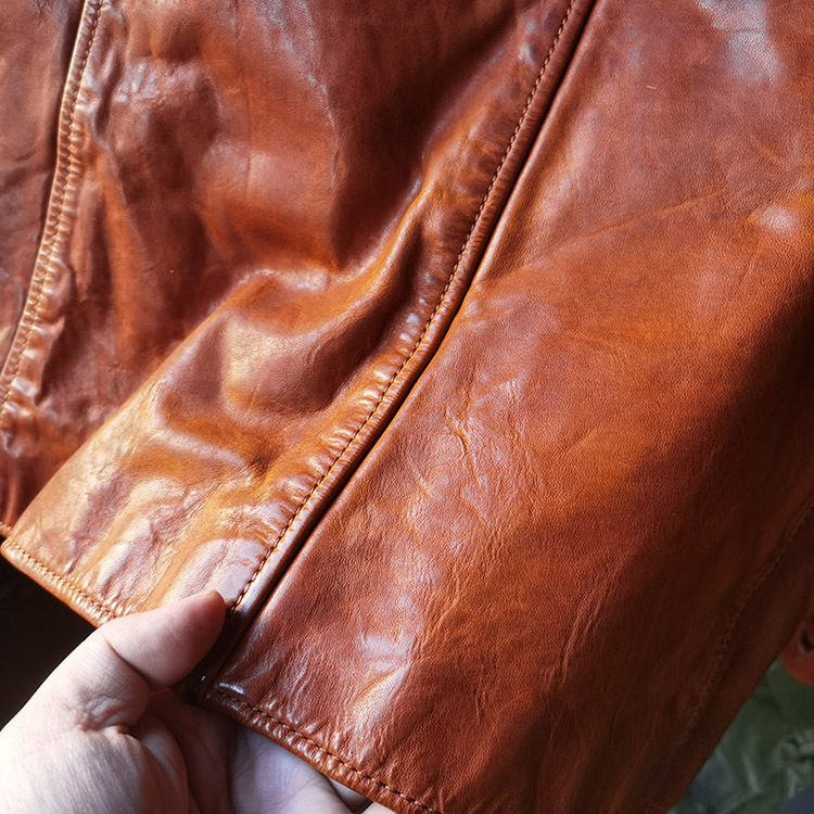 油蜡全植鞣马皮皮衣男日系复古小机车棕色司闸员真皮夹克