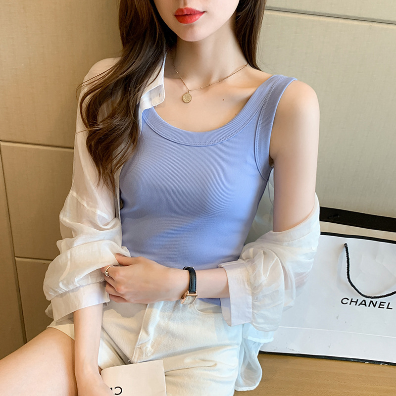 2023 Summer New Vest for Women Inner Wear Outer Wear Trendy Ins Slim Korean Style Short Sleeve Strappy Top Bottoming T-shirt for Women