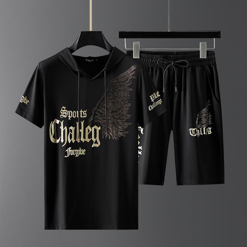 2022 Ice Silk Shorts Suit Male Letter Embroidered Short Sleeve Large Size Korean Style Trendy Casual Sports Two-Piece Set