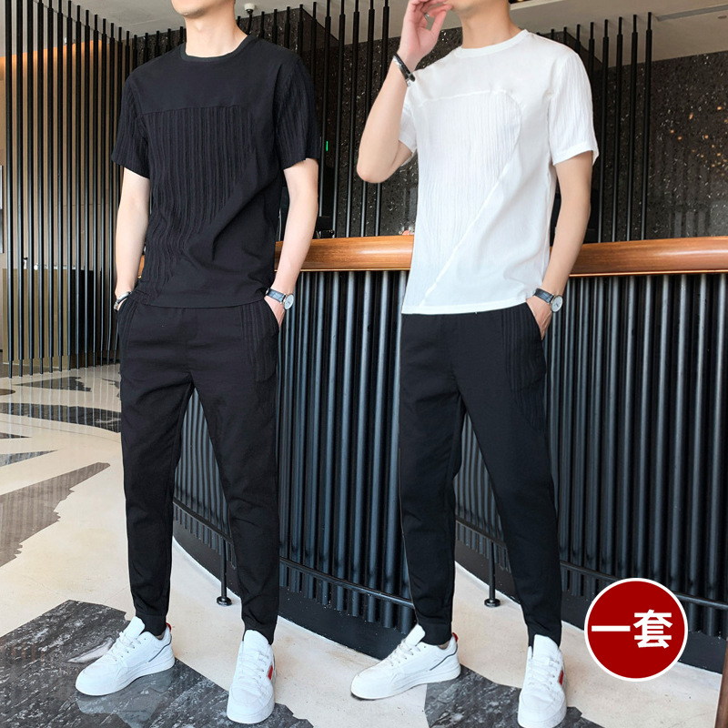 男士套装夏季冰丝t恤男装夏装搭配帅气一套休闲运动短袖夏天潮牌