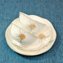 唐山骨瓷家用碗盘勺碟 金边骨瓷餐具小套装4.5寸小碗7寸8寸荷花盘