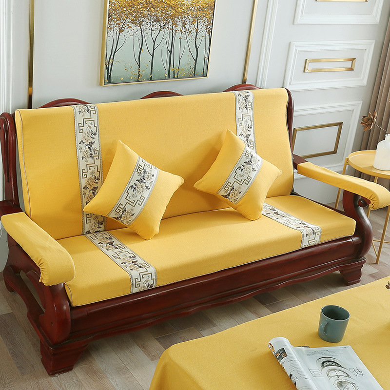 沙发垫带靠背海绵硬厚亚麻套三人连体1234座老式实木红木椅坐垫子