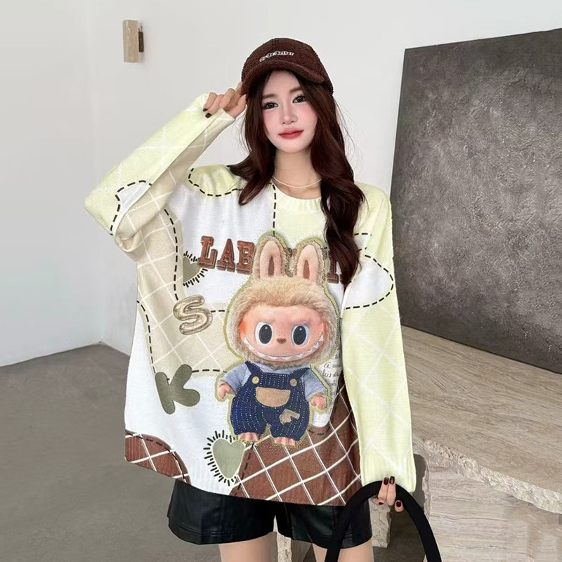 可爱软糯慵懒风圆领烫钻毛衣女秋冬季新款貂绒加大码宽松上衣潮