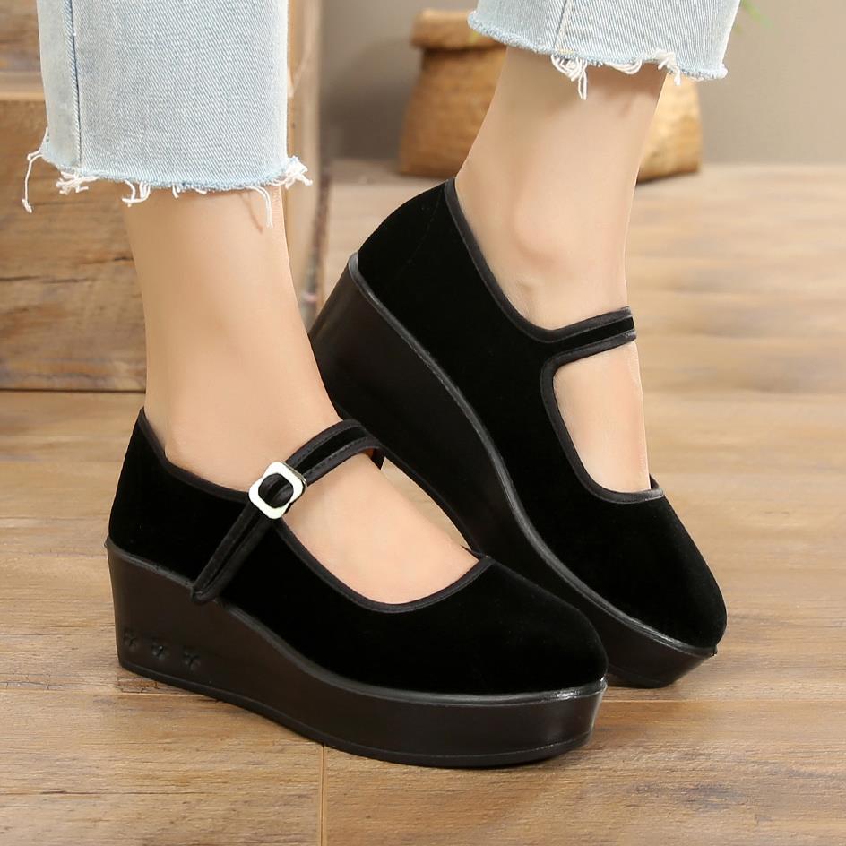 t厚底老北京布鞋女高跟防滑工作防水台礼仪鞋跳舞坡跟黑色软底单