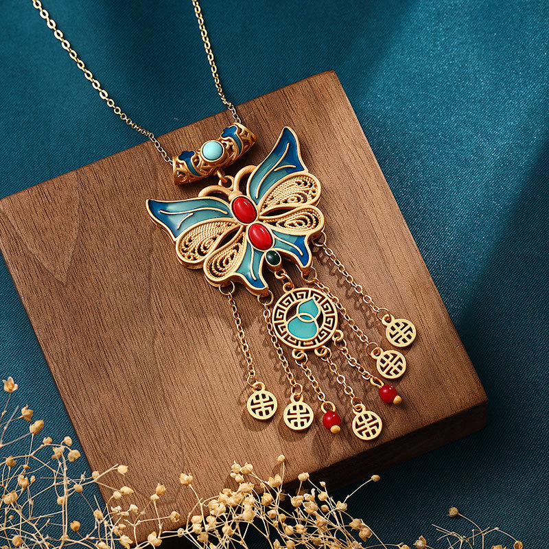 冷珐琅工艺蝴蝶结流苏复古项链s925银国潮新品中国风旗袍汉服首饰