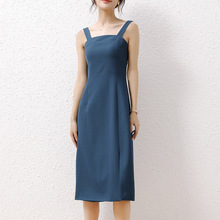 海蓝色高级无袖气质修身吊带连衣裙2023春新款收腰显瘦通勤长裙