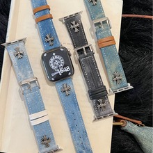 适用于applewatch苹果手表带复古做旧扎染牛仔iwatchs987SE十字架