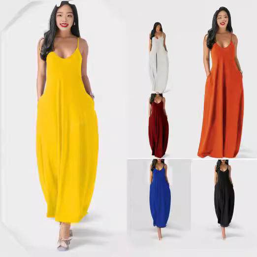 2020欧美夏季新款ebay亚马逊独立在大码女装纯色性感深V吊带长裙