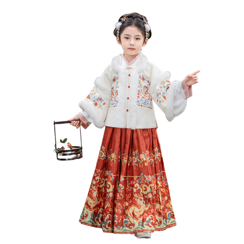 Hanfu Girls' Chinese Style Little Princess Dress Winter New Tang Costume Super Fairy New Year Clothes plus Velvet Thickened Jacket and Dress Wholesale
