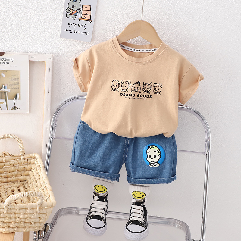 2024 New Fashionable Children's Clothing Children's Short-Sleeved Suit Boy Summer Clothing Clothes Fashion Baby Summer round Neck Two-Piece Set