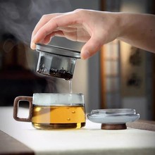 家用绿茶杯带过滤器茶水过滤玻璃杯带盖杯绿茶杯玻璃带木把手