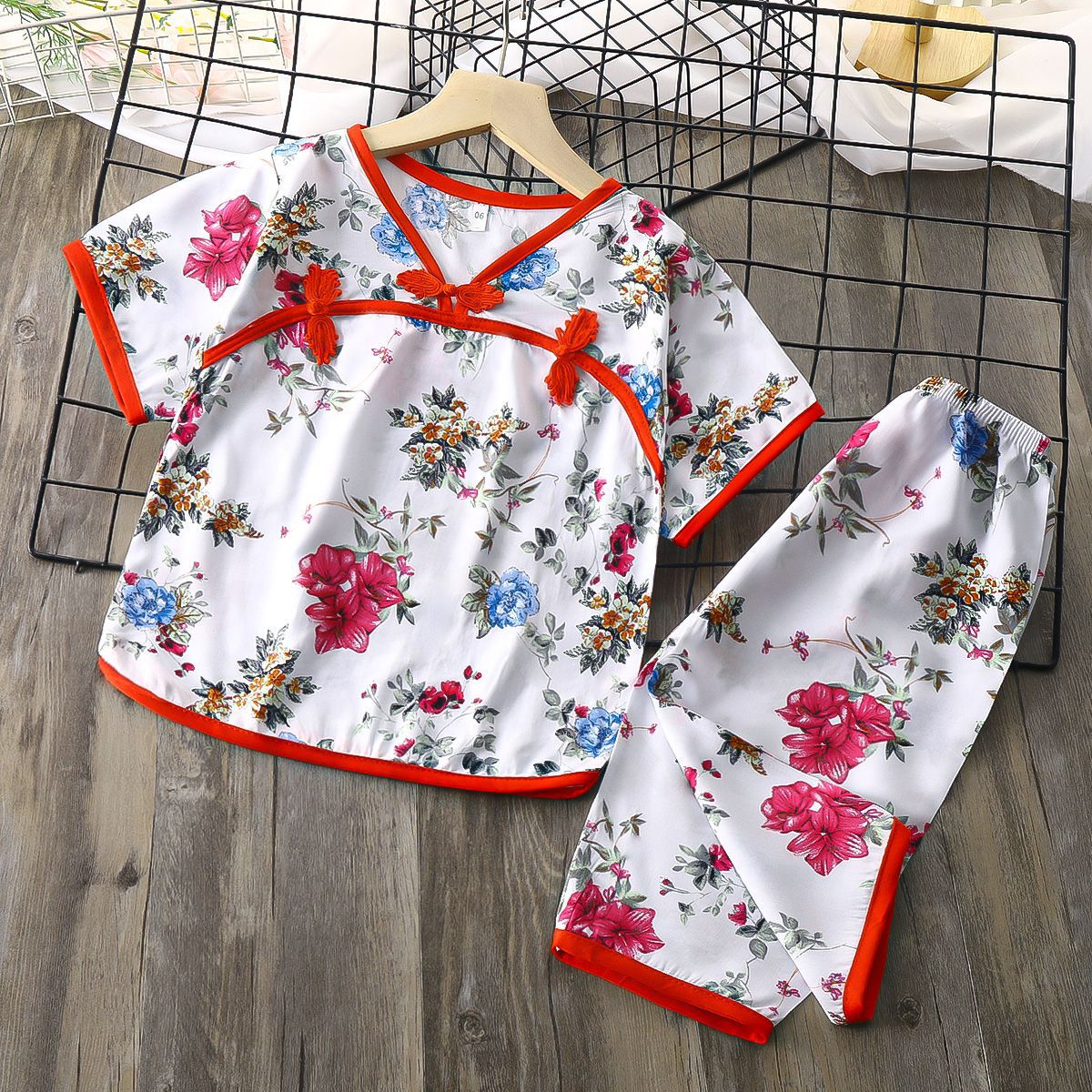 公羽翁女宝宝套装汉服夏季棉绸女童套装短袖人造棉空调服小孩睡衣