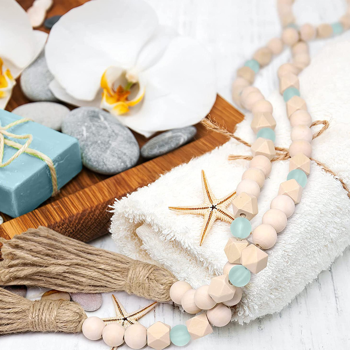 木珠流苏珠串 透明亚克力珠麻绳木珠流苏花环装饰串珠挂饰摆件