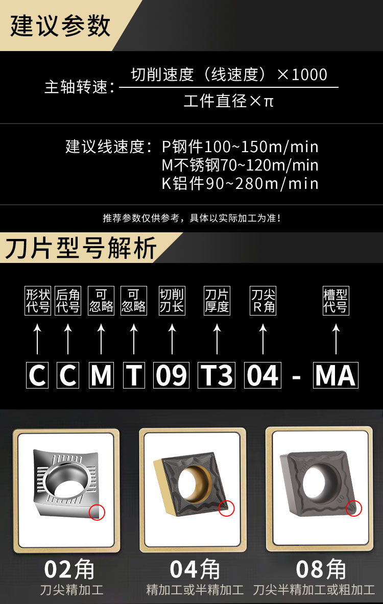 数控菱形内镗孔车刀片ccmt09t304不锈钢铬钢铝用80度04角合金刀粒