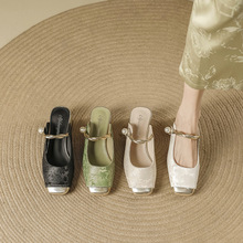 新中式国风玛丽珍单鞋女2024新款印花包头拖鞋夏季一字带外穿拖鞋