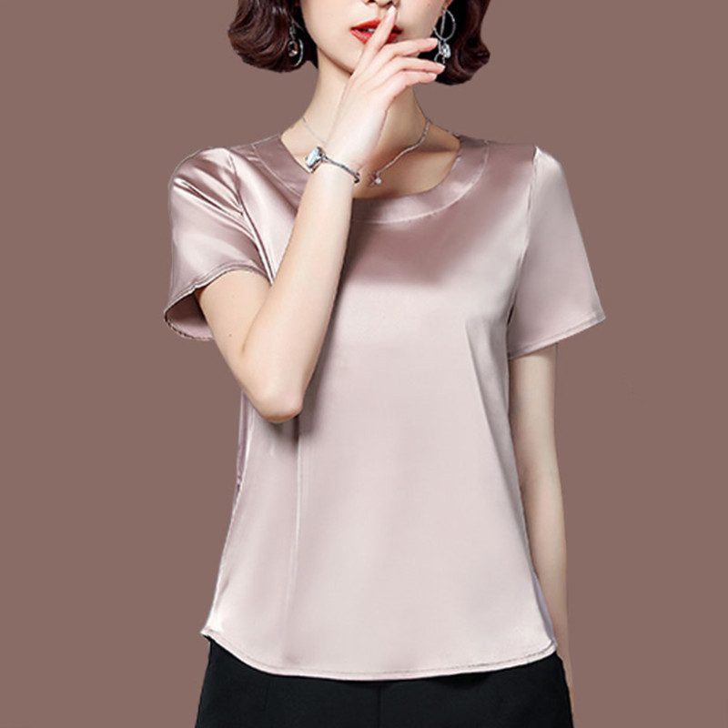 真丝上衣女短袖t恤2022年夏半袖丝绸缎面桑蚕丝洋气纯色小衫