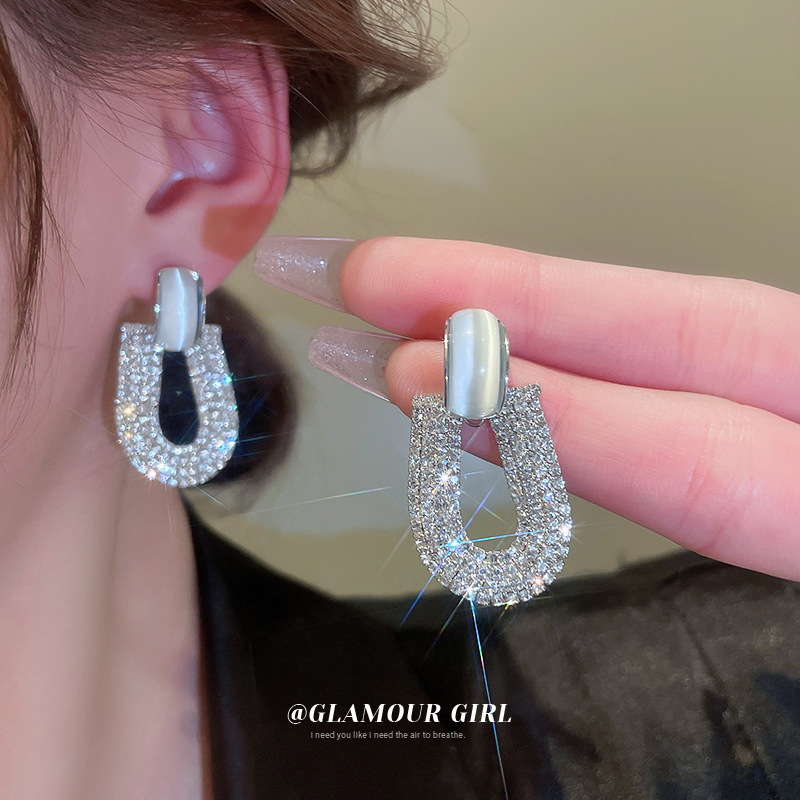 Silver Needle Opal Diamond U-Shaped Earrings Personalized Design High Sense Earrings Light Luxury Temperament New Earrings Wholesale