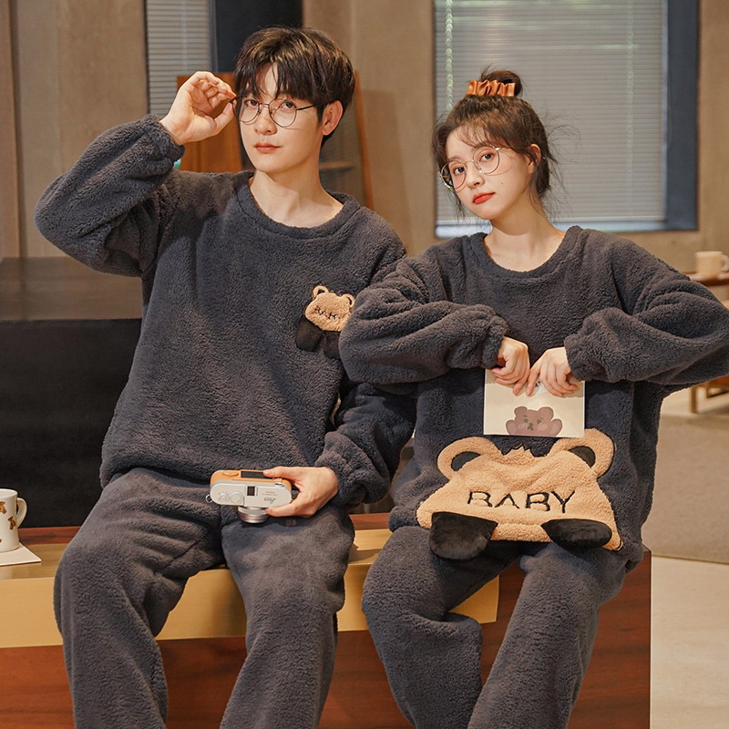 Couple Pajamas Women's Coral Fleece Winter Fleece-Lined Thickened Flannel Long Sleeve Men's Warm Non-Printed Home Wear Suit