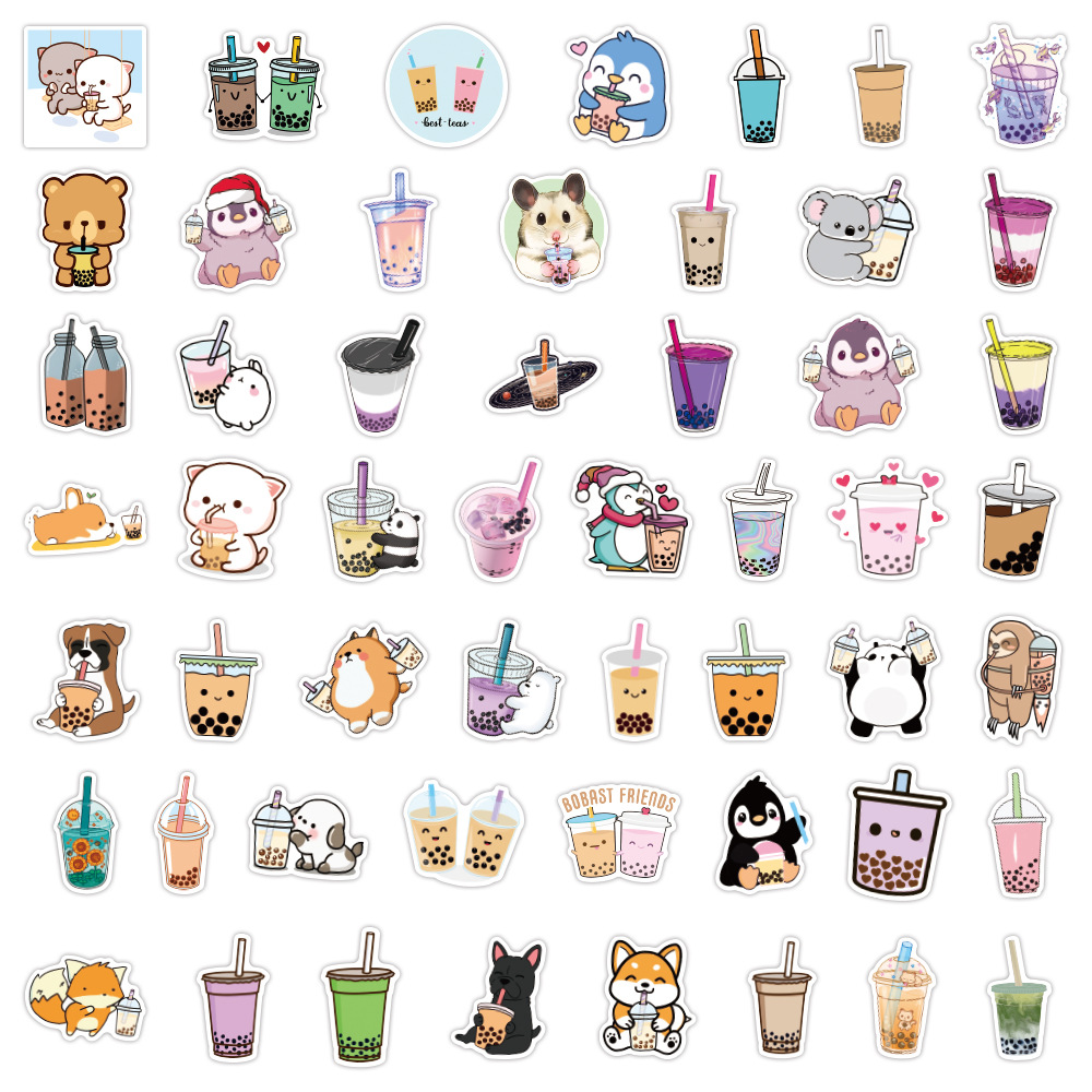 100张珍珠奶茶可爱小动物卡通贴纸汽车笔记本行李箱防水贴纸批发