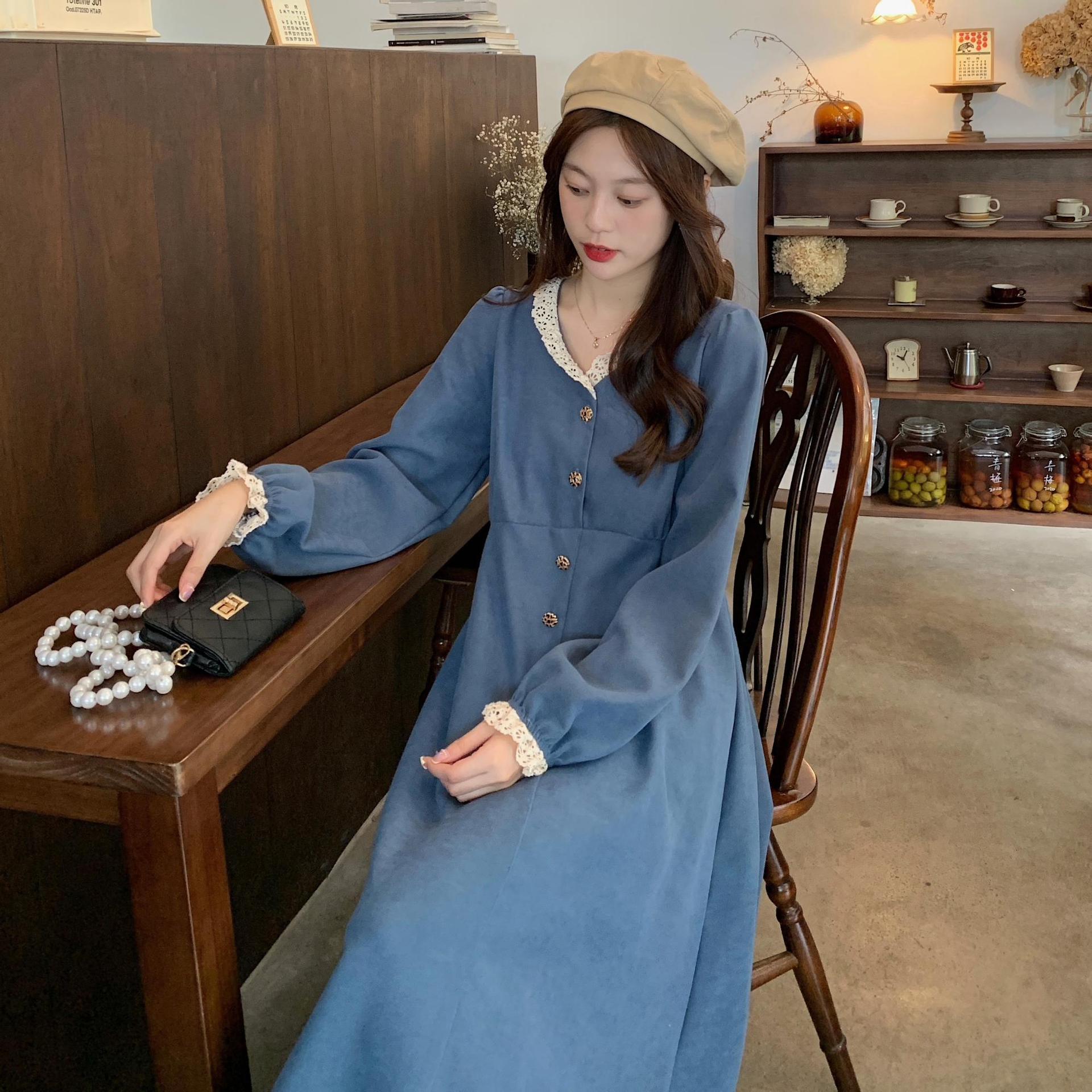 法式复古温柔风小清新裙子2021年新款秋冬季高腰显瘦超仙的连衣裙