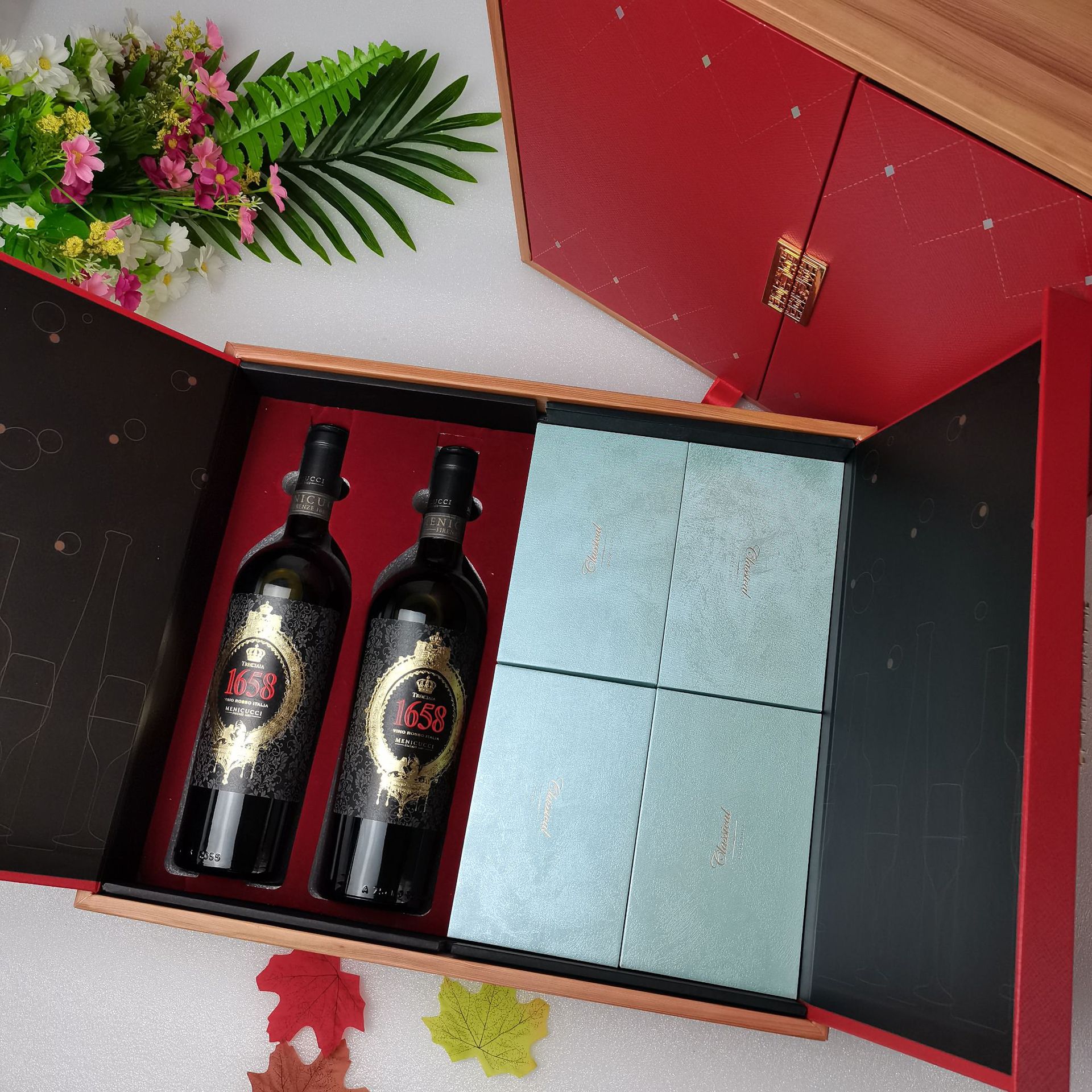 红酒加茶饼礼盒 茶酒包装盒 烟酒茶空盒 创意中秋红酒月饼盒现货