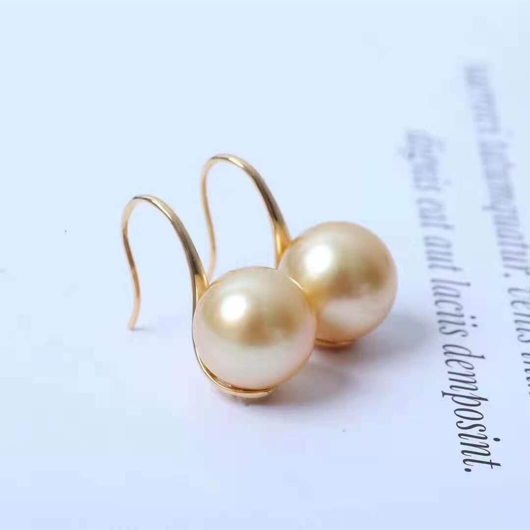 14k金10-11mm海水南洋金珠耳钩少女时尚气质耳环u型复古珍珠耳饰