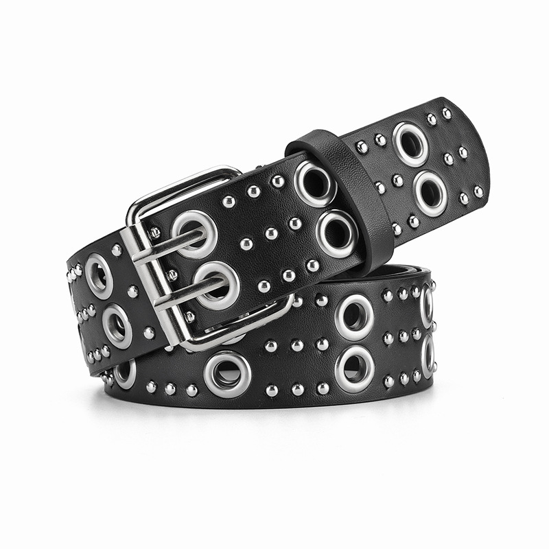 European and American Punk Hollow-out Rivets Belt Men and Women All-Matching Trendy Double Row Pin Buckle Belt for Women Special Decoration New