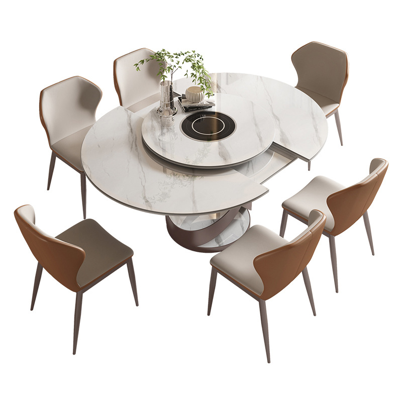 带电磁炉旋转伸缩岩板餐桌椭圆形轻奢火锅多功能转盘可变圆桌饭桌