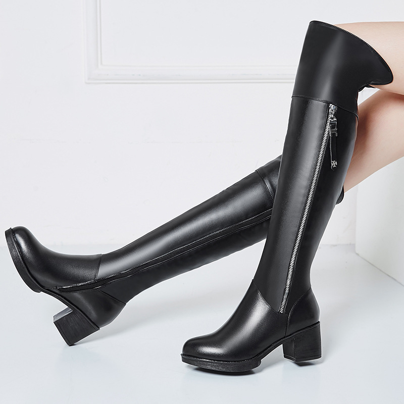秋冬季马靴中跟真皮过膝长筒靴保暖显瘦高筒靴女士大码加绒女靴子