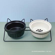 黑色陶瓷猫碗猫食盆猫咪碗宠物碗斜口保护颈椎防打翻双碗喂食一体